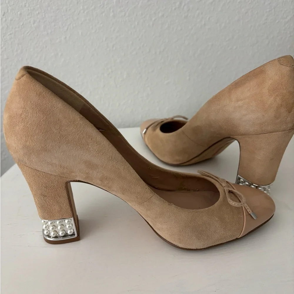 Karl Lagerfeld Naves Cap Round Toe Bow Block Heel Pearls Suede Nude Pumps